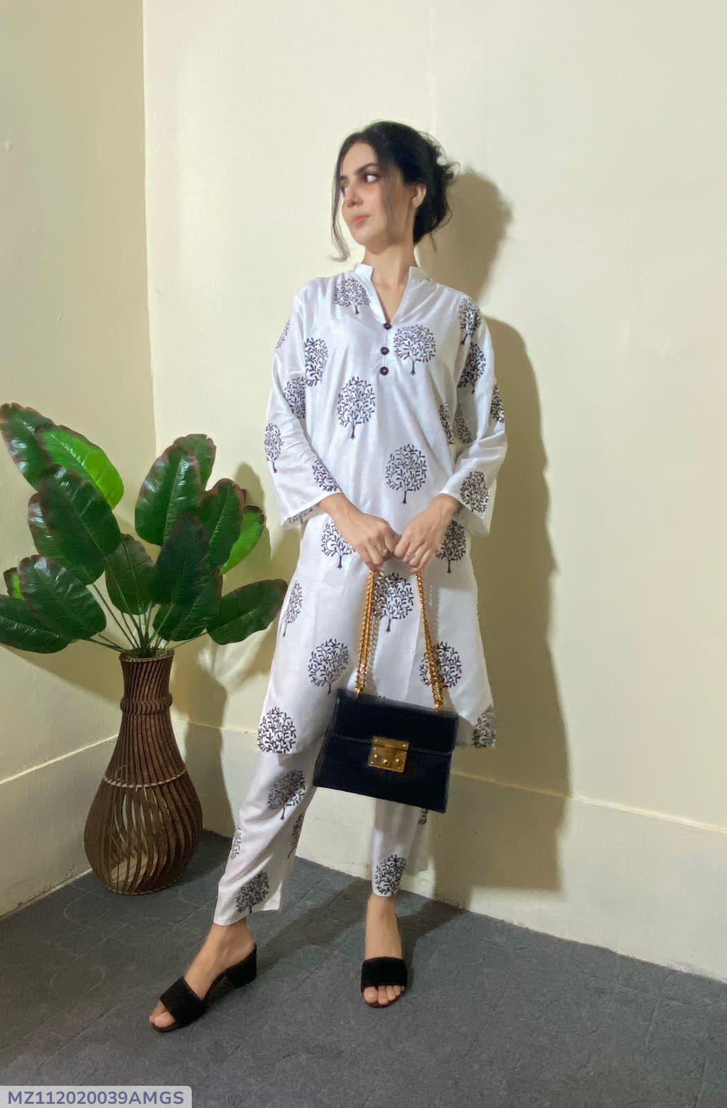 2 Pcs Women's Stiched Linen Printed Suit